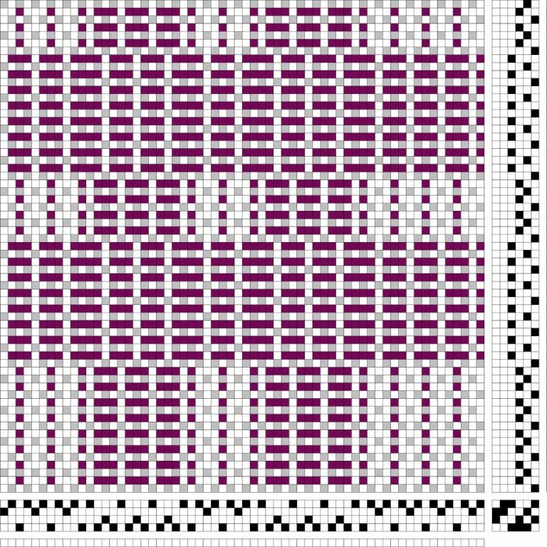 Bindimunstur, inndráttar-, uppbindi- og stigmunstur fyrir Austurbotnsdregil á fjögur sköft og sex skammel, ein munstureind