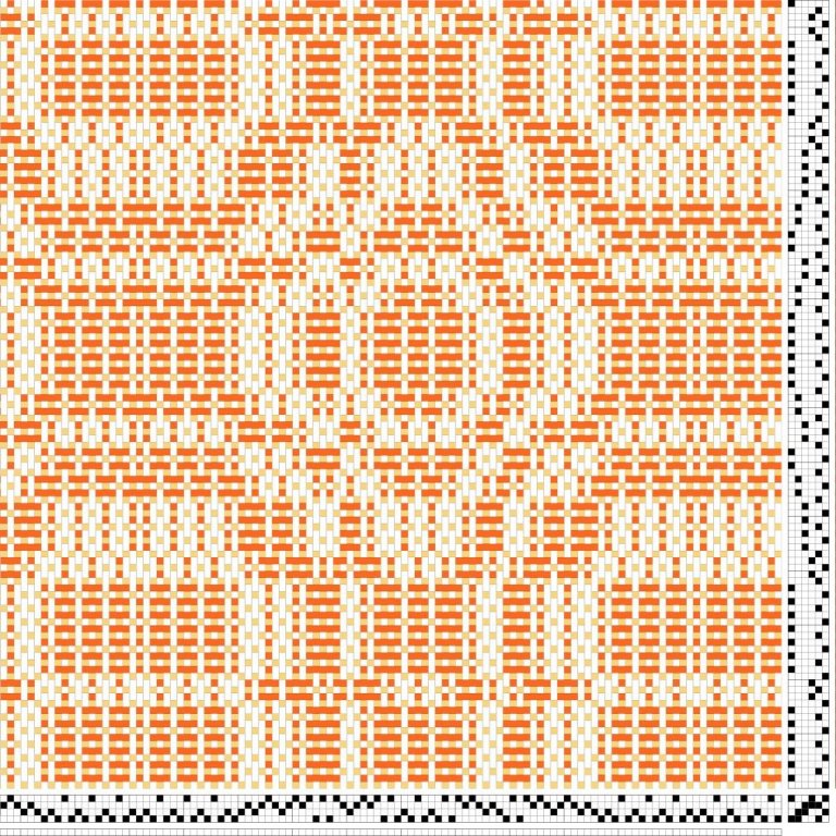 Bindimunstur, inndráttar-, uppbindi- og stigmunstur fyrir Austurbotnsdregil á fjögur sköft og sex skammel, án kantsins