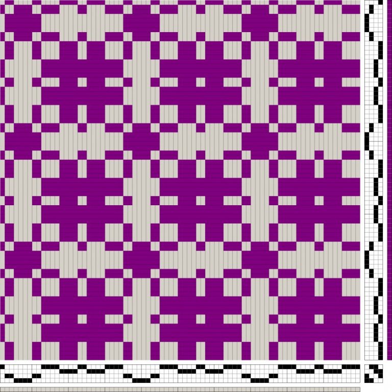 Kaflamunstur fyrir t.d. fjórkafla Austurbotnsdregil. Sýnir hvernig bindimunstrið gæti hugsanlega litið út í efni