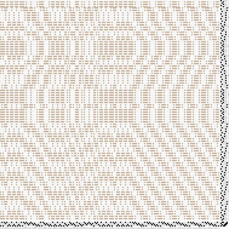 Bindimunstur, inndráttar-, uppbindi- og stigmunstur fyrir Austurbotnsdregil á fjögur sköft og sex skammel, með kantinum