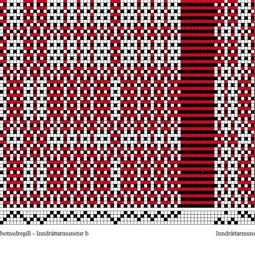 Bindimunstur, inndráttar-, uppbindi- og stigmunstur fyrir Austurbotnsdregil á fjögur sköft og fimm skammel, enginn bindiþráður