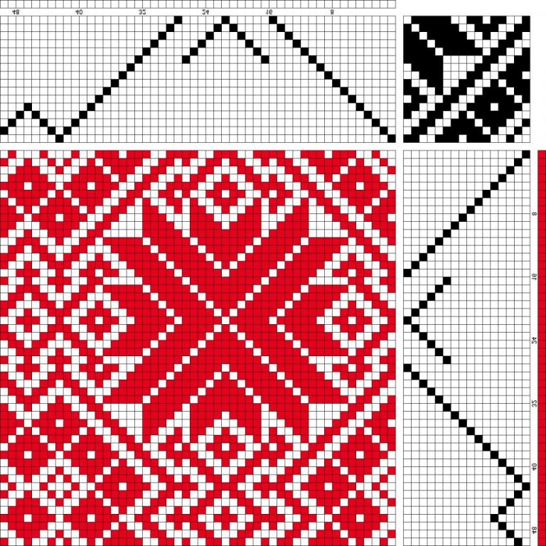 Bird's eye twill on 16 shafts and 16 treadles, staggered reverse repeat.