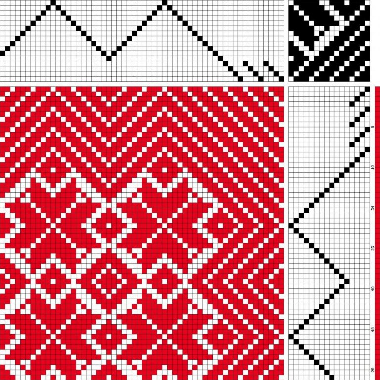 Bird's eye twill on 16 shafts and 16 treadles, reverse repeat threading and treadling.