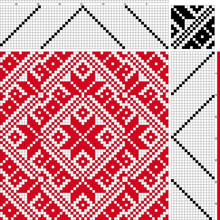 Bird's eye twill on 8 shafts and 8 treadles, staggered reverse repeat threading and treadling.