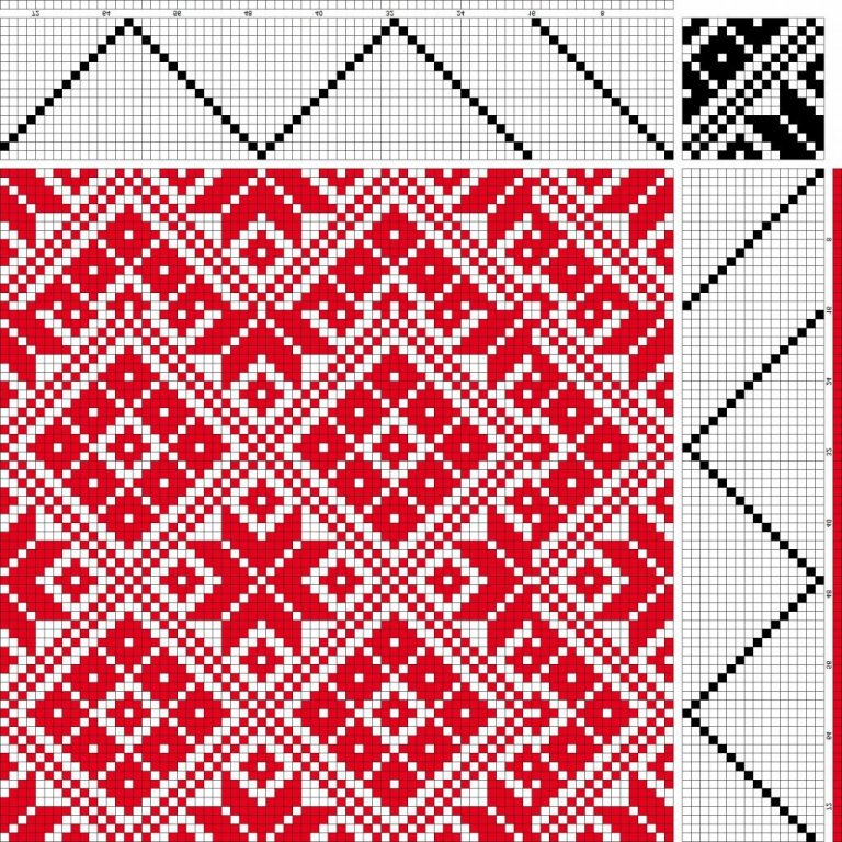 Bird's eye twill on 16 shafts and 16 treadles, reverse repeat threading and treadling.