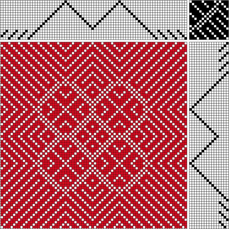 Bird's eye twill on 16 shafts and 16 treadles, reverse repeat threading and treadling.