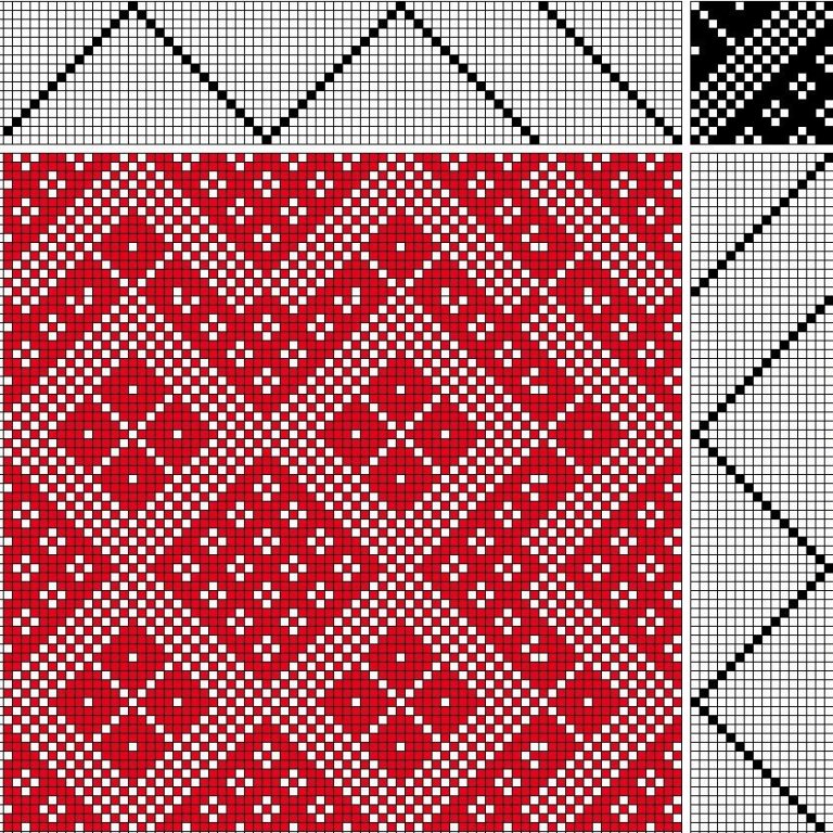 Bird's eye twill on 16 shafts and 16 treadles, reverse repeat threading and treadling.