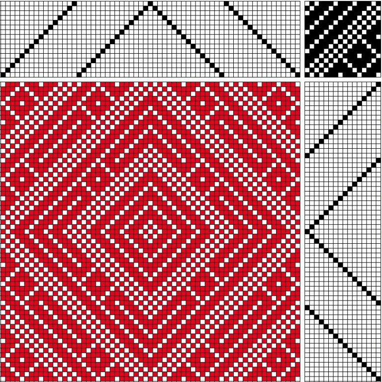 Bird's eye twill on 16 shafts and 16 treadles, reverse repeat threading and treadling.