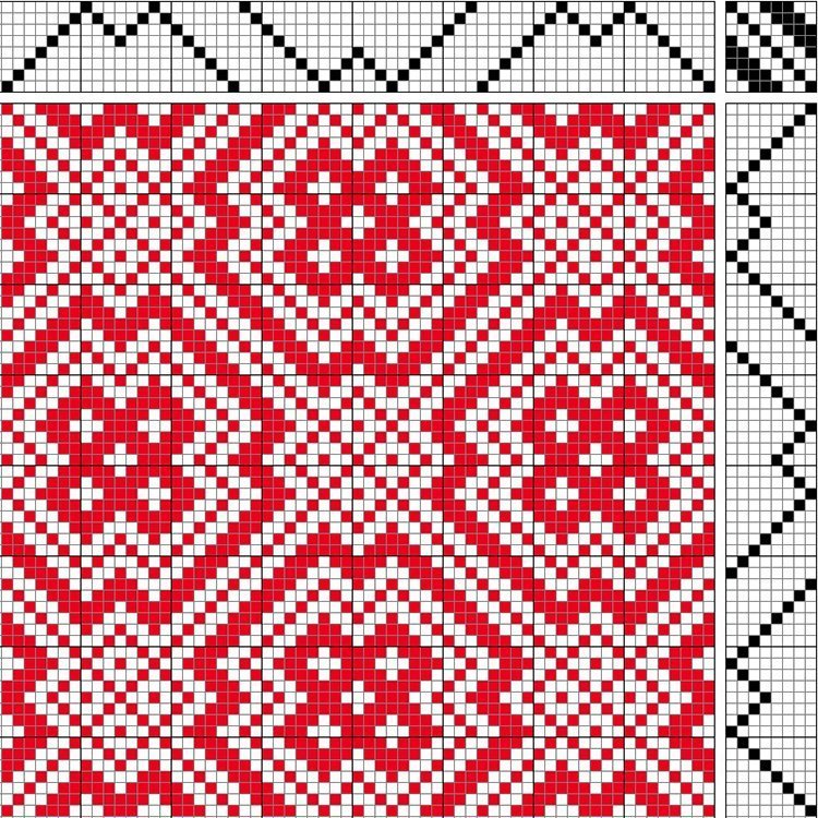 Bird's eye twill on 8 shafts and 8 treadles, staggered reverse repeat threading and treadling.