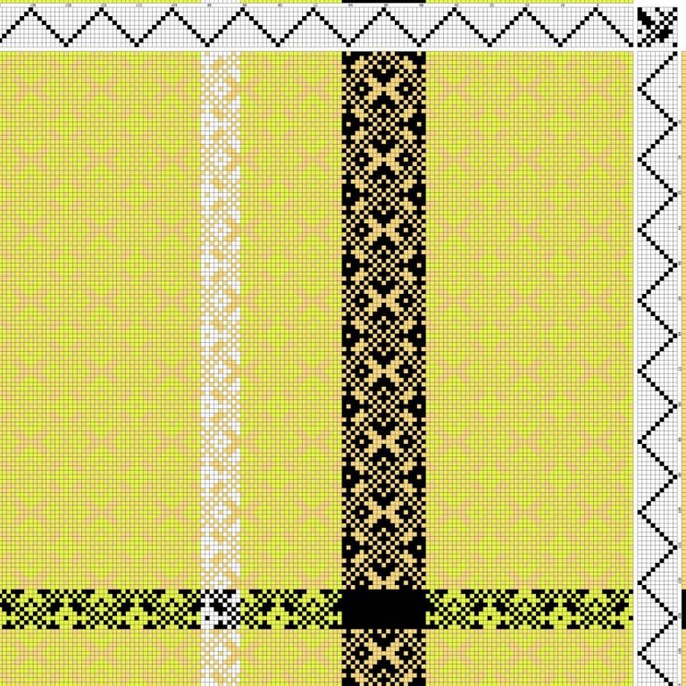 Color draft for bird's eye twill on 8 shafts and 8 treadles. Reverse repeat threading and treadling. Fabric for tablecloths.