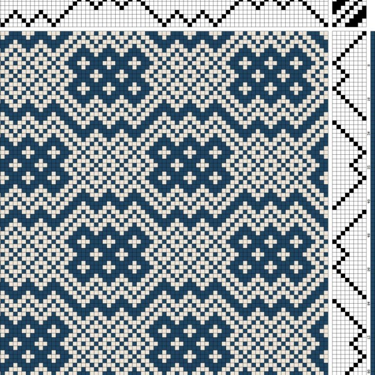 Color draft for bird's eye twill on 8 shafts and 8 treadles, reverse repeat threading and staggered treadling.