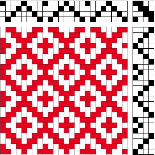 2/2 bird's eye twill, rosepath threading and staggered reverse repeat treadling.