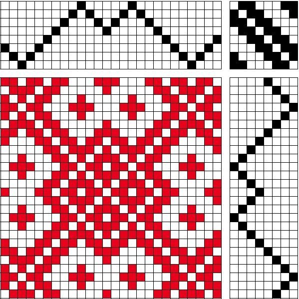 Bird's eye twill on 8 shafts and 8 treadles, reverse repeat threading and treadling.