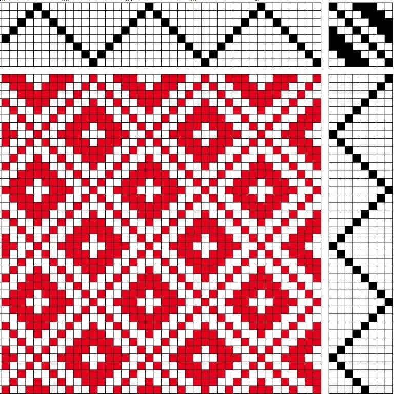 Bird's eye twill on 8 shafts and 8 treadles, reverse repeat threading and treadling.