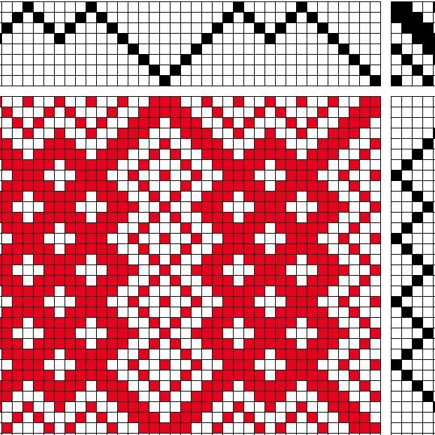 Bird's eye twill on 8 shafts and 8 treadles, reverse repeat threading and treadling.