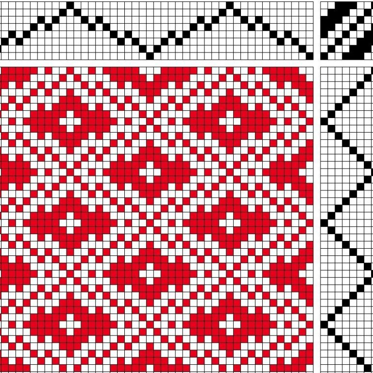 Bird's eye twill on 8 shafts and 8 treadles, reverse repeat threading and treadling.