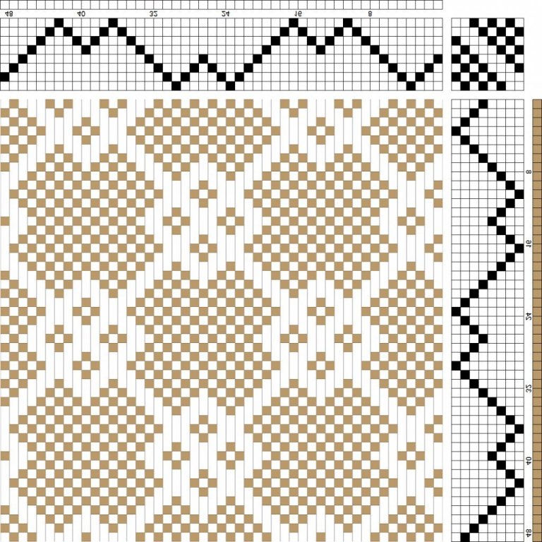 Bird's eye twill on 8 shafts and 8 treadles. Reverse repeat threading and treadling.