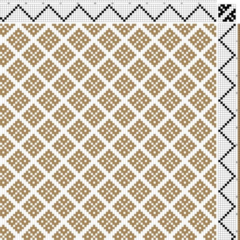 Bird's eye twill on 8 shafts and 8 treadles, reverse repeat threading and treadling.