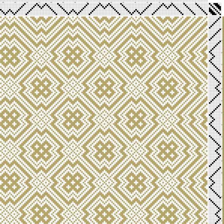 Bird's eye twill on 8 shafts and 8 treadles. Broken reverse repeat threading and treadling.