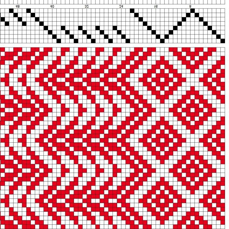 Bird's eye twill on 8 shafts and 8 treadles. Staggered reverse repeat threading and straight treadling.