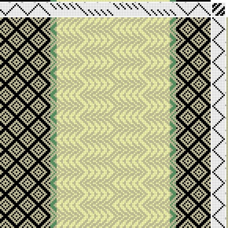 Color draft for bird's eye twill on 8 shafts and 8 treadles. Staggered reverse repeat threading and straight treadling.
