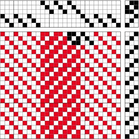 Vertically striped block-reversed twill on 6 shafts and 3 treadles.