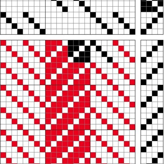 Vertically striped block-reversed twill on 8 shafts and 4 treadles.