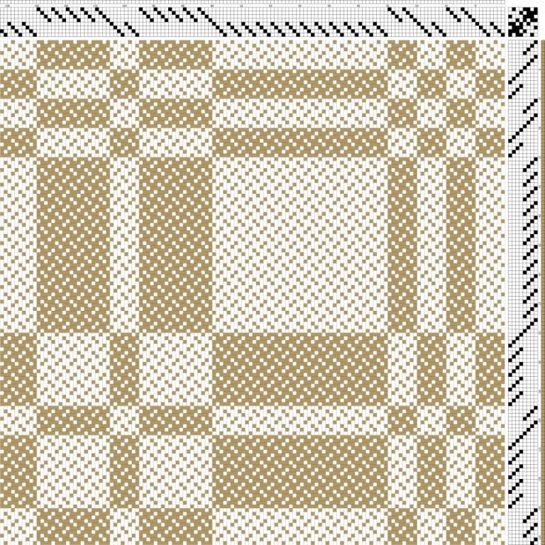 Color draft for block-reversed twill on 8 shafts and 8 treadles. Broken, block-reversed twill tie-up.