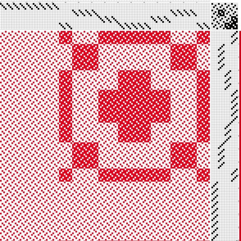 Color draft for block-reversed broken twill on 16 shafts and 16 treadles.