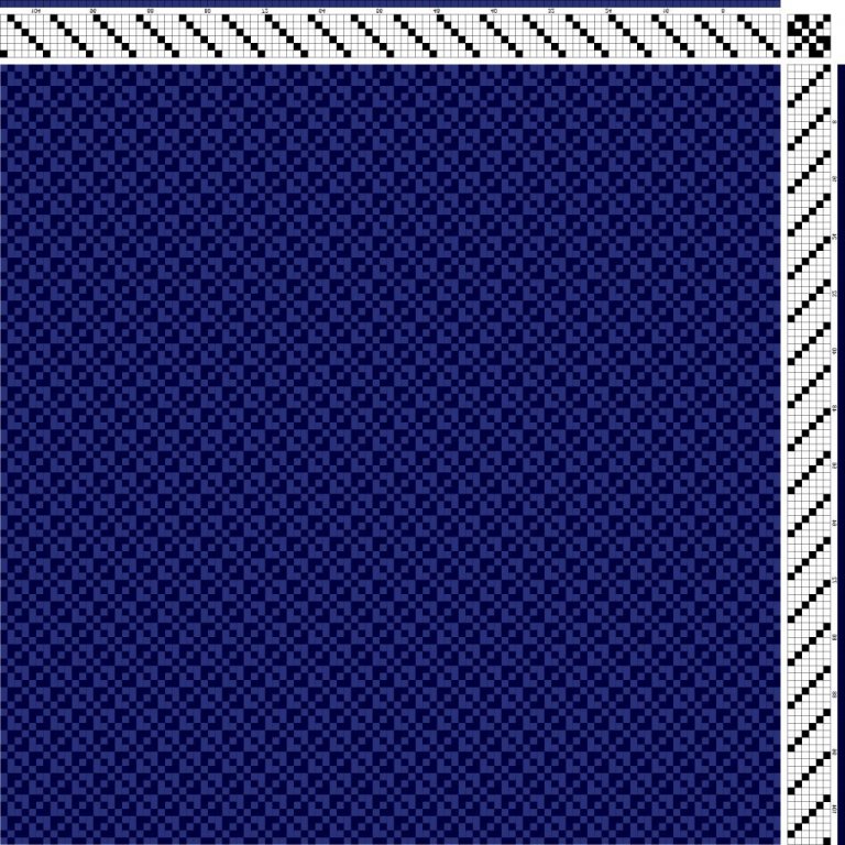 Color draft for block-reversed broken twill on 6 shafts and 6 treadles with straight draw threading and treadling.