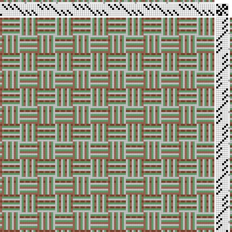Color draft for shadow weave in block-reversed twill on 6 shafts and 6 treadles.