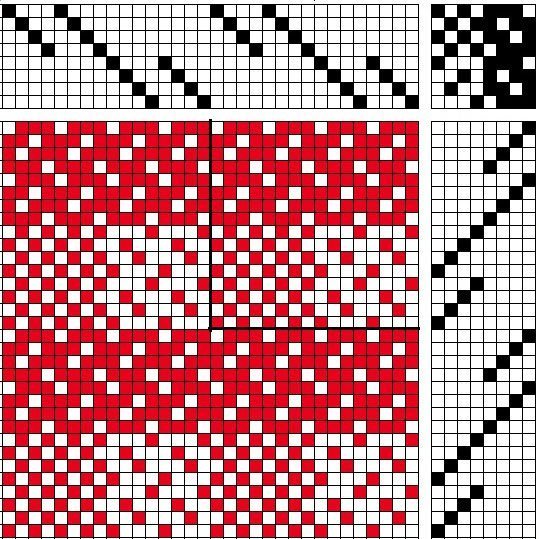 Block-reversed twill with diamond structure on 8 shafts and 8 treadles, with turned twill and tabby tie-up.