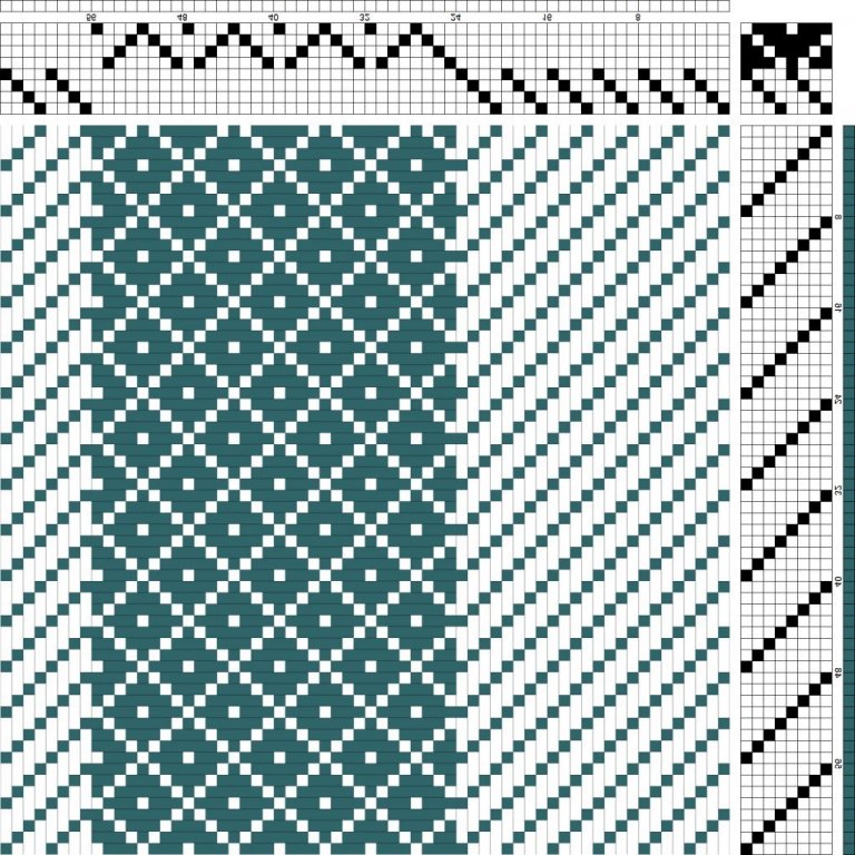 Color draft for block-reversed twill on 6 shafts and 6 treadles, alternating between weft-faced and warp-faced.
