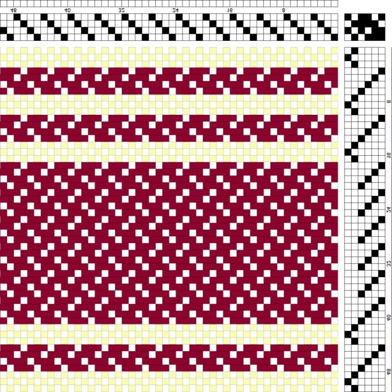 Color draft for broken twill with tabby bands in between on 4 shafts and 6 treadles.