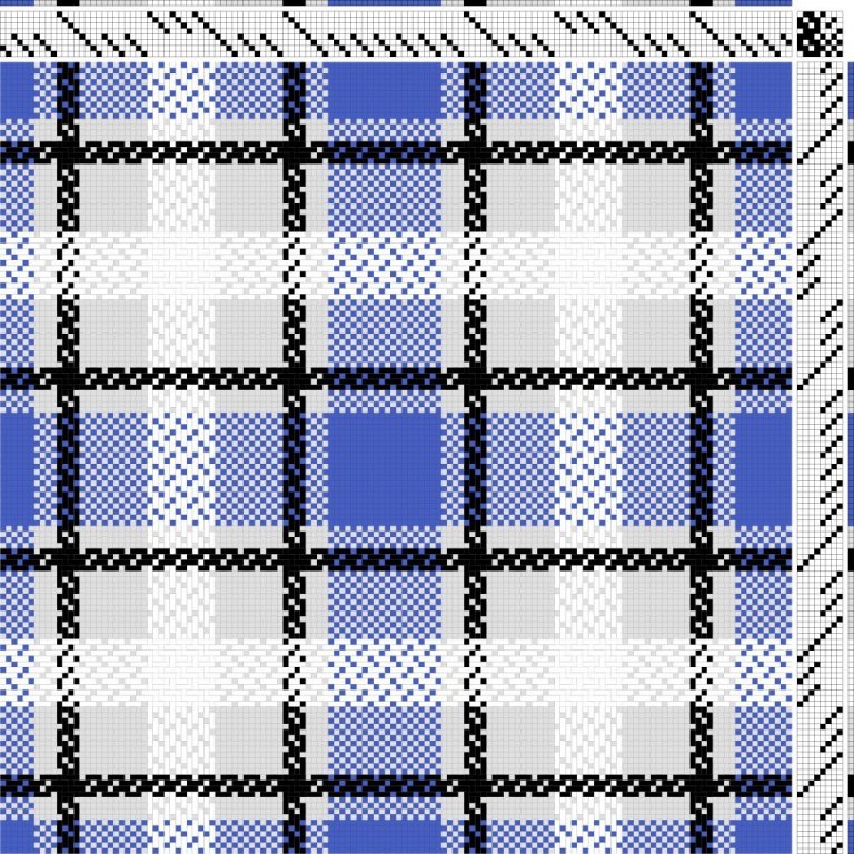 Color draft for block-reversed broken twill with tabby section in between, woven on 8 shafts and 8 treadles.