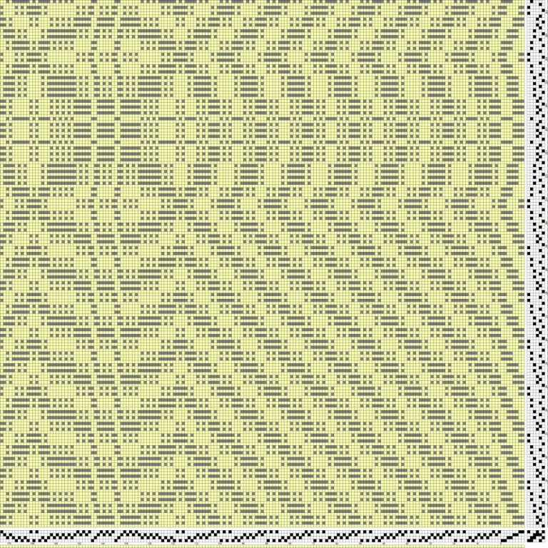 Inndráttar-, uppbindi- og stigmunstur fyrir daladregil á fjögur sköft og sex skammel