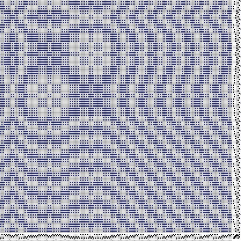 Inndráttar-, uppbindi- og stigmunstur fyrir daladregil á fjögur sköft og sex skammel, kaflamunstrið er hér næst á undan