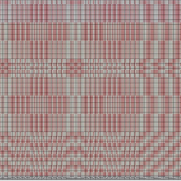 Inndráttar-, uppbindi- og stigmunstur fyrir daladregil á fjögur sköft og sex skammel