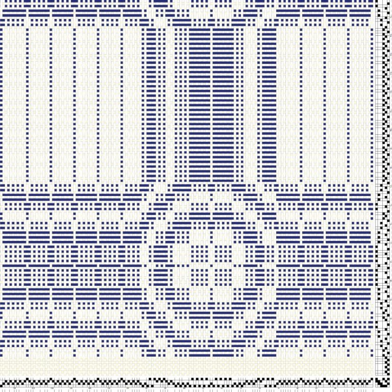 Inndráttar-, uppbindi- og stigmunstur fyrir daladregil á fjögur sköft og sex skammel