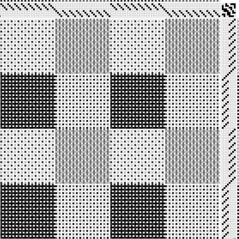 Color draft for block-reversed double weave on 8 shafts and 8 treadles.