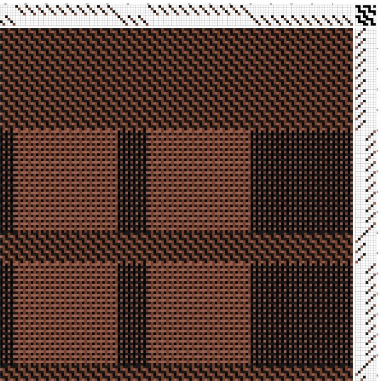 Color draft for block-reversed double weave on 8 shafts and 8 treadles.