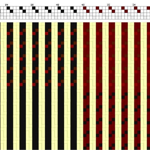 Color draft for patterned pick-up double weave on 4 shafts and 4 treadles. Woven with an auxiliary shaft and a counted pattern.