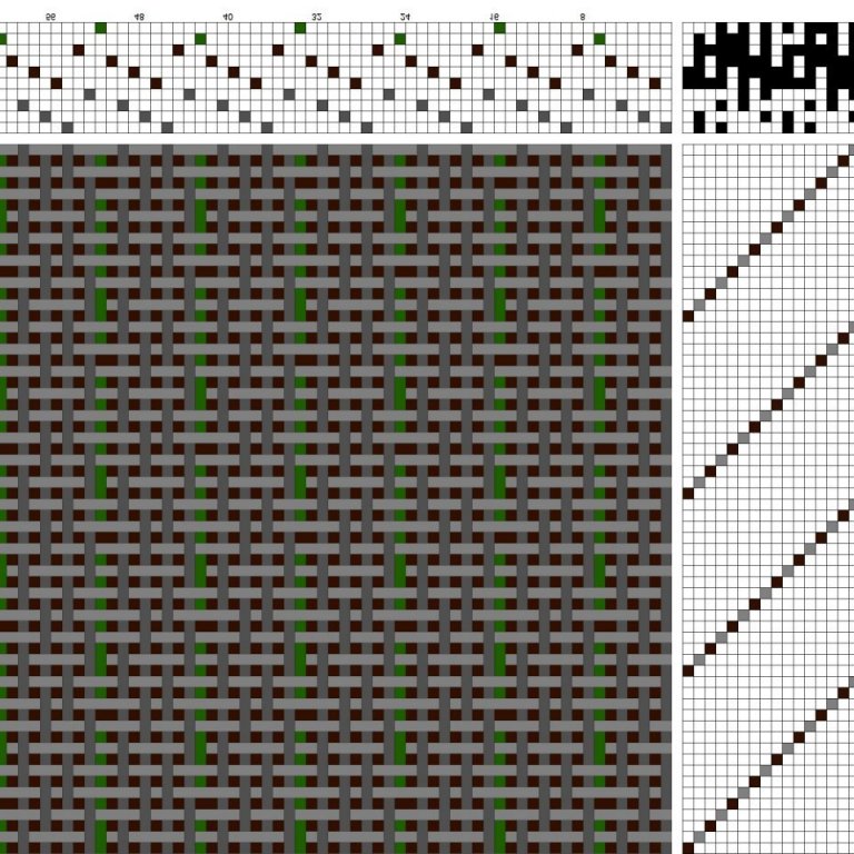 Color draft for double weave on 10 shafts and 15 treadles. Suitable for strong wool fabrics, e.g. for jackets and coats.