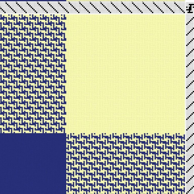 Color draft for block-reversed double weave on 8 shafts and 8 treadles.