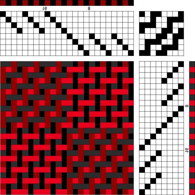 Color draft for block-reversed double weave on 8 shafts and 8 treadles.