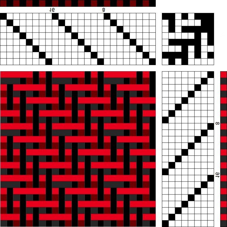 Color draft for double weave on 8 shafts and 8 treadles. 2/2 twill on both sides.