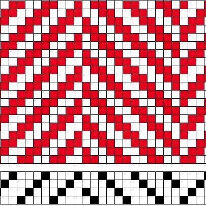 Grunnbindimunstur fyrir fléttað vaðmál, sk. fiskabeinamunstur á fjögur sköft og fjögur skammel