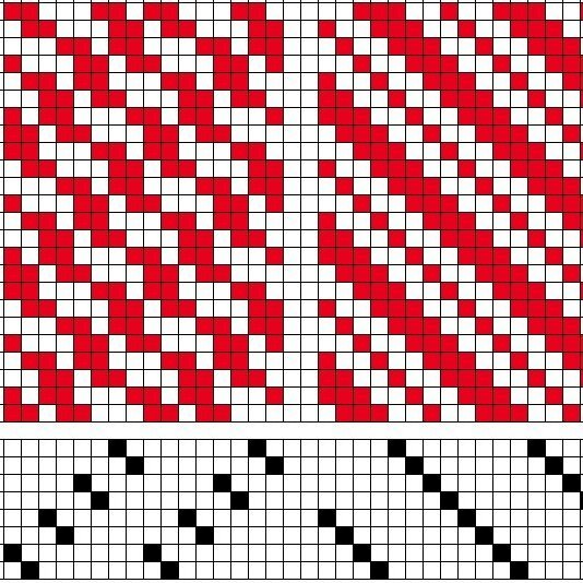 Tvö afbrigði af vaðmáli á átta sköft og átta skemmel, fyrst með stökkinndrætti og síðan með beinum inndrætti. Beint stig í báðum afbrigðum