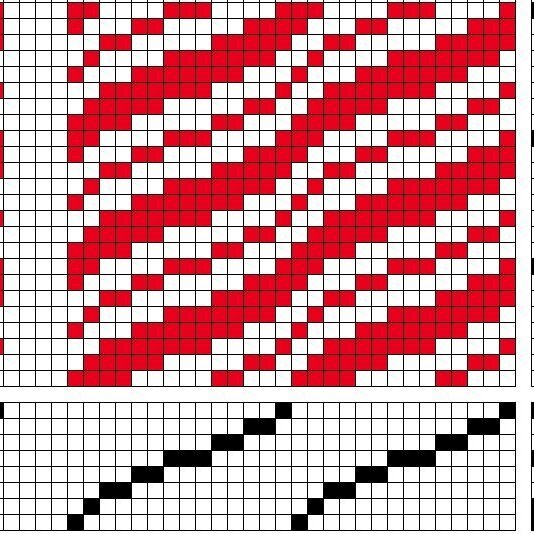 Grunnbindimunstur fyrir bylgjað vaðmál á átta sköft og átta skammel, inndráttar-, uppbindi- og stigmunstur