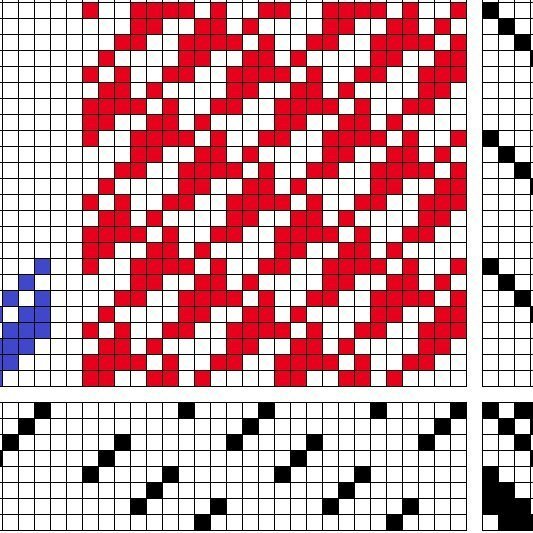 Vaðmál á átta sköft og átta skammel með rofnum inndrætti, eða stökkinndrætti, og beinu stigi